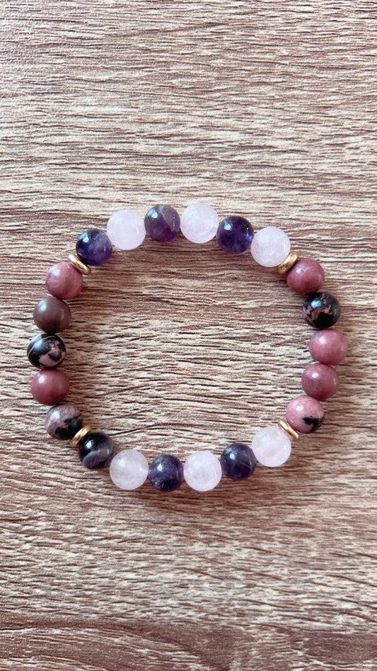 Bracelet de Guérison Émotionnelle – Quartz Rose, Rhodonite & Améthyste